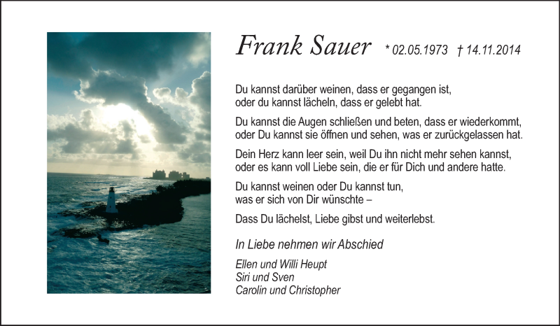  Traueranzeige für Frank Sauer vom 22.11.2014 aus Rüsselsheimer Echo, Groß-Gerauer-Echo, Ried Echo
