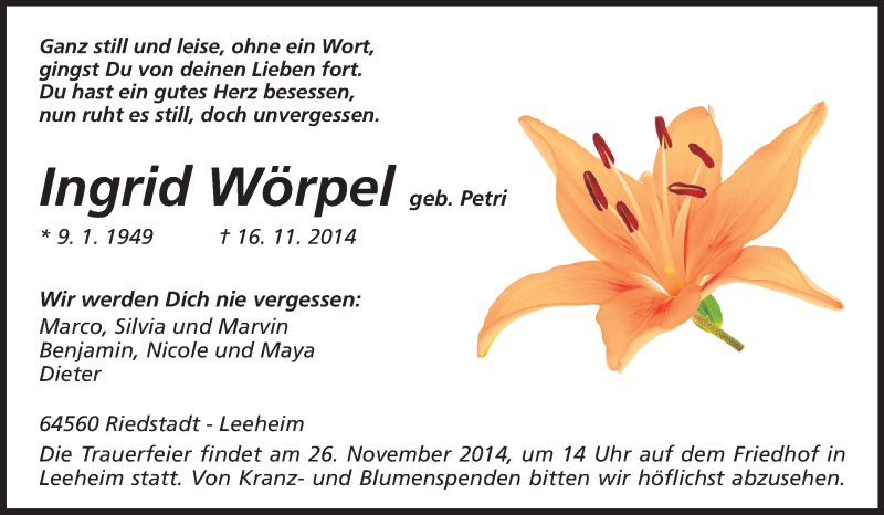  Traueranzeige für Ingrid Wörpel vom 22.11.2014 aus Rüsselsheimer Echo, Groß-Gerauer-Echo, Ried Echo