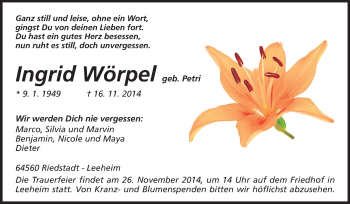 Traueranzeige von Ingrid Wörpel von Rüsselsheimer Echo, Groß-Gerauer-Echo, Ried Echo
