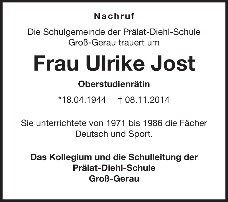  Traueranzeige für Ulrike Jost vom 24.11.2014 aus Echo-Zeitungen (Gesamtausgabe)