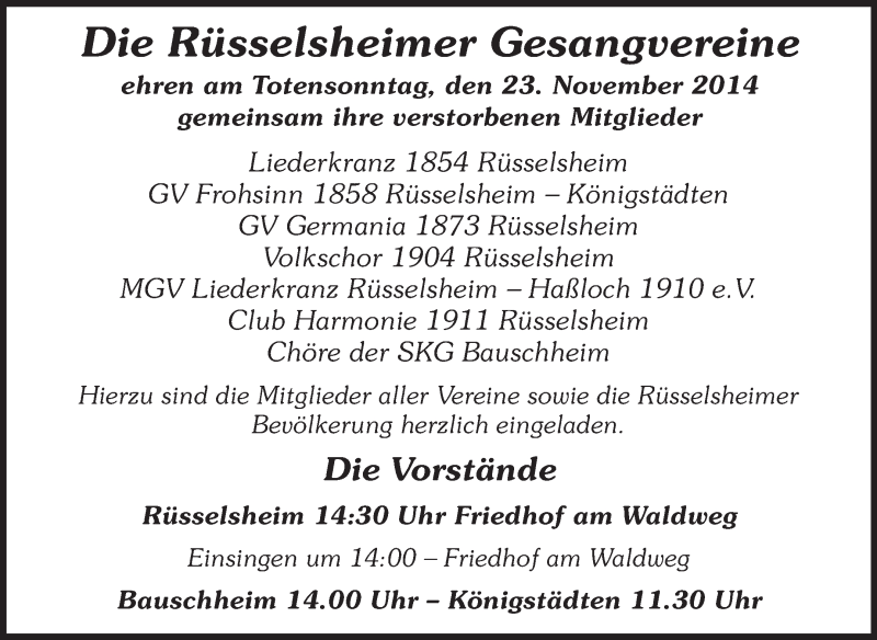  Traueranzeige für Gedenken an Mitglieder Gesangvereine vom 22.11.2014 aus Rüsselsheimer Echo, Groß-Gerauer-Echo, Ried Echo