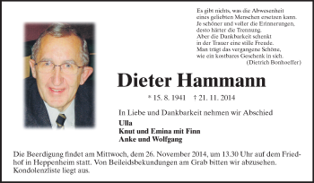 Traueranzeige von Dieter Hammann von Starkenburger Echo, Bergsträßer Anzeiger