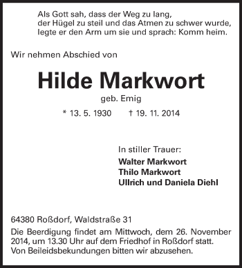 Traueranzeige von Hilde Markwort von Echo-Zeitungen (Gesamtausgabe)