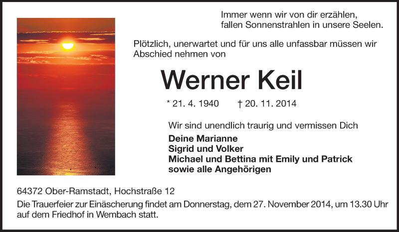  Traueranzeige für Werner Keil vom 24.11.2014 aus Echo-Zeitungen (Gesamtausgabe)