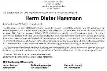 Traueranzeige von Dieter Hammann von Starkenburger Echo, Bergsträßer Anzeiger