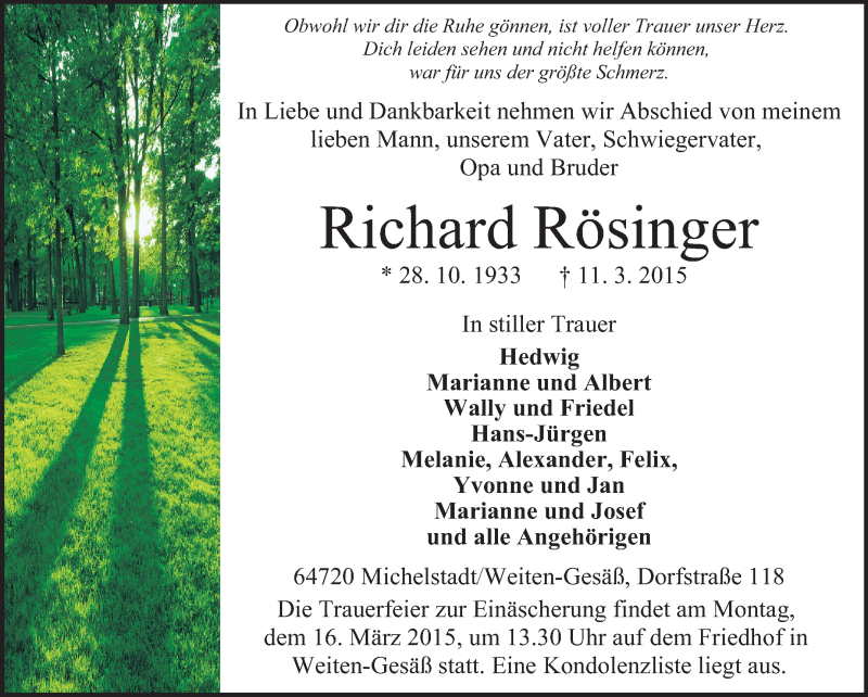  Traueranzeige für Richard Rösinger vom 13.03.2015 aus Odenwälder Echo