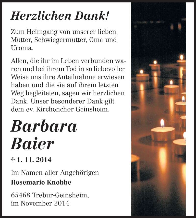  Traueranzeige für Barbara Baier vom 28.11.2014 aus Rüsselsheimer Echo, Groß-Gerauer-Echo, Ried Echo