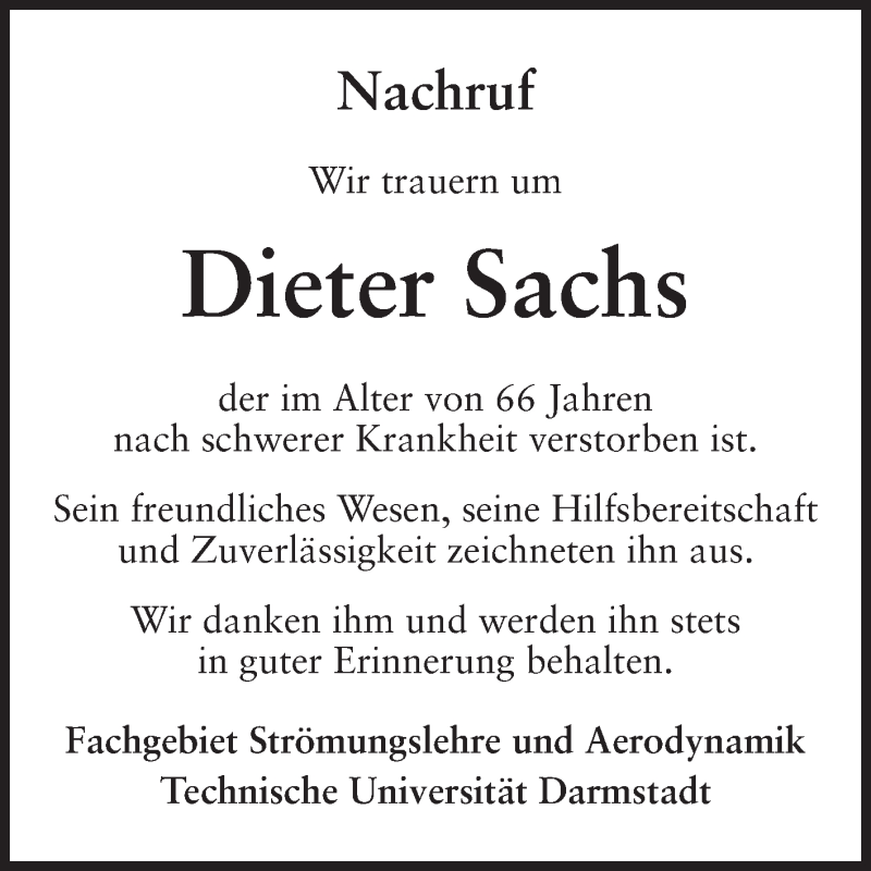  Traueranzeige für Dieter Sachs vom 26.11.2014 aus Echo-Zeitungen (Gesamtausgabe)