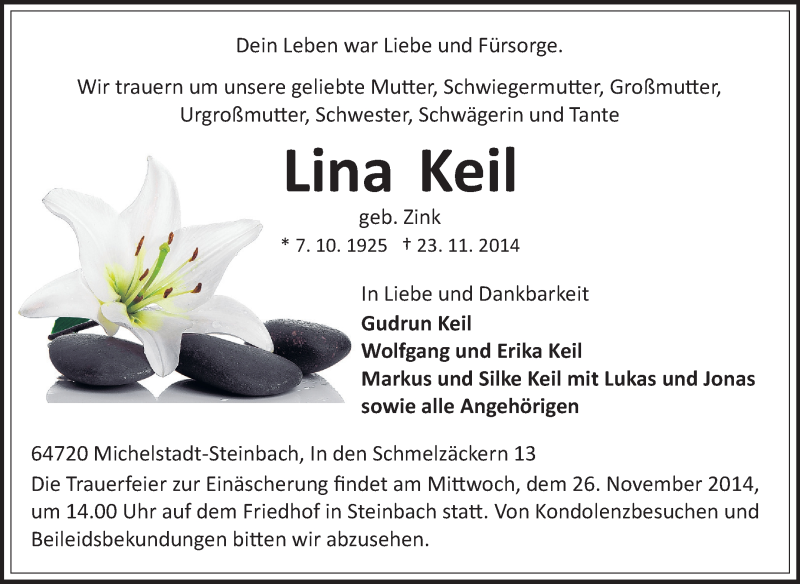  Traueranzeige für Lina Keil vom 25.11.2014 aus Odenwälder Echo
