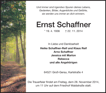 Traueranzeige von Ernst Schaffner von Rüsselsheimer Echo, Groß-Gerauer-Echo, Ried Echo