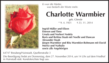 Traueranzeige von Charlotte Warmbier von Odenwälder Echo