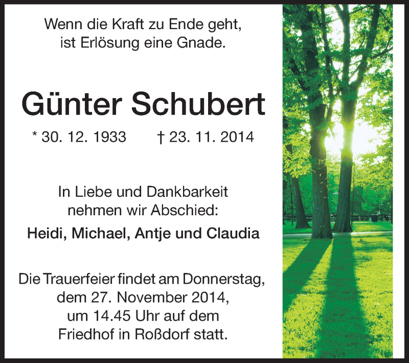  Traueranzeige für Günter Schubert vom 25.11.2014 aus Echo-Zeitungen (Gesamtausgabe)