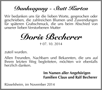 Traueranzeige von Doris Becherer von Rüsselsheimer Echo, Groß-Gerauer-Echo, Ried Echo