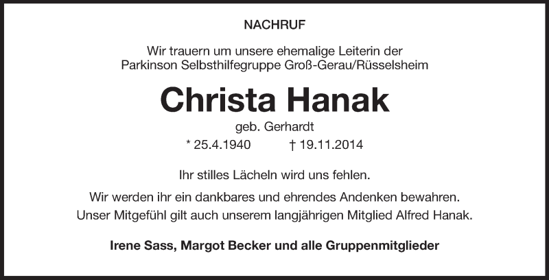  Traueranzeige für Christa Hanak vom 27.11.2014 aus Rüsselsheimer Echo, Groß-Gerauer-Echo, Ried Echo