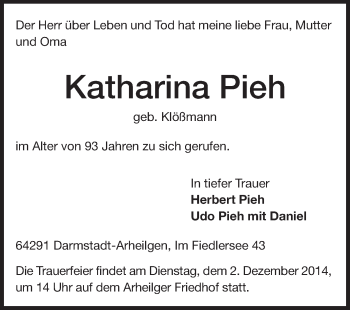 Traueranzeige von Katharina Pieh von Echo-Zeitungen (Gesamtausgabe)