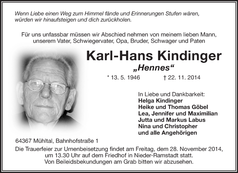  Traueranzeige für Karl-Hans Kindinger vom 26.11.2014 aus Echo-Zeitungen (Gesamtausgabe)