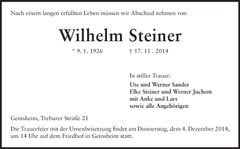 Traueranzeige von Wilhelm Steiner von Rüsselsheimer Echo, Groß-Gerauer-Echo, Ried Echo