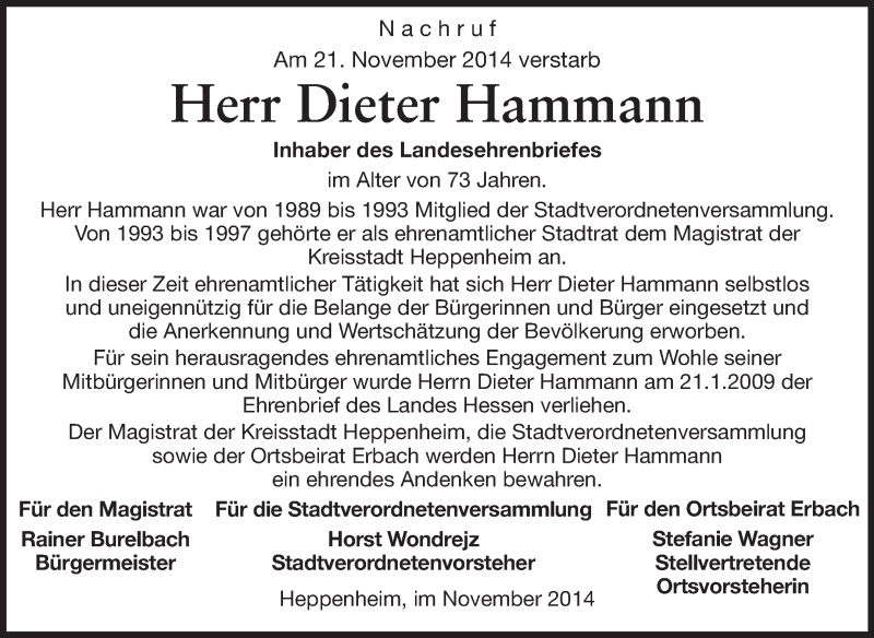  Traueranzeige für Dieter Hammann vom 26.11.2014 aus Starkenburger Echo