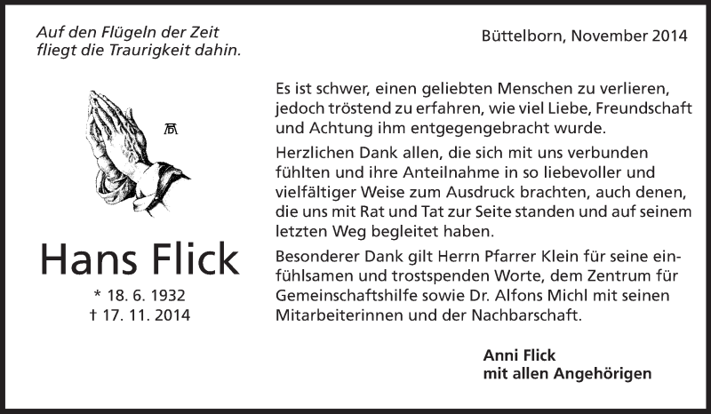  Traueranzeige für Hans Flick vom 10.12.2014 aus Rüsselsheimer Echo, Groß-Gerauer-Echo, Ried Echo