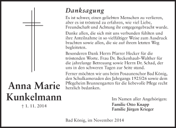 Traueranzeige von Anna Marie Kunkelmann von Odenwälder Echo
