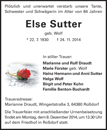 Traueranzeige von Else Sutter von Echo-Zeitungen (Gesamtausgabe)