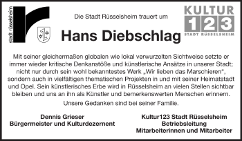 Traueranzeige von Hans Diebschlag von Rüsselsheimer Echo, Groß-Gerauer-Echo, Ried Echo