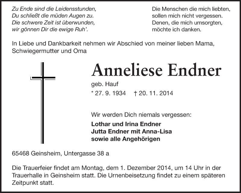  Traueranzeige für Anneliese Endner vom 29.11.2014 aus Rüsselsheimer Echo, Groß-Gerauer-Echo, Ried Echo