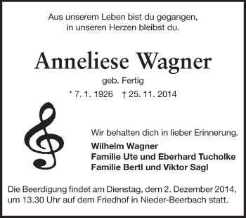 Traueranzeige von Anneliese Wagner von Echo-Zeitungen (Gesamtausgabe)