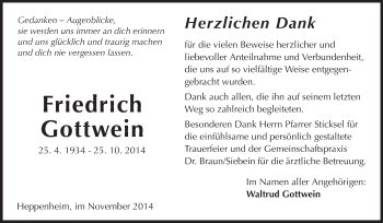 Traueranzeige von Friedrich Gottwein von Starkenburger Echo