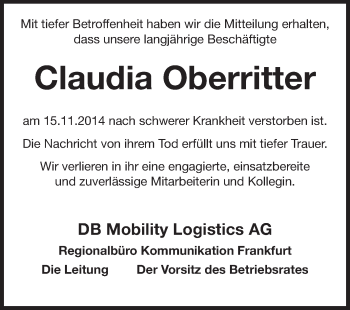 Traueranzeige von Claudia Oberritter von Echo-Zeitungen (Gesamtausgabe)
