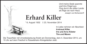 Traueranzeige von Erhard Killer von Rüsselsheimer Echo, Groß-Gerauer-Echo, Ried Echo