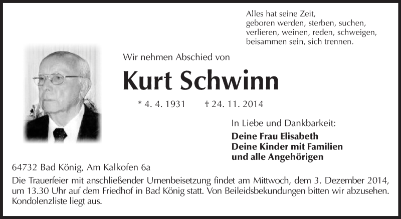  Traueranzeige für Kurt Schwinn  vom 01.12.2014 aus Odenwälder Echo