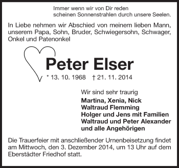 Traueranzeige von Peter Elser von Echo-Zeitungen (Gesamtausgabe)