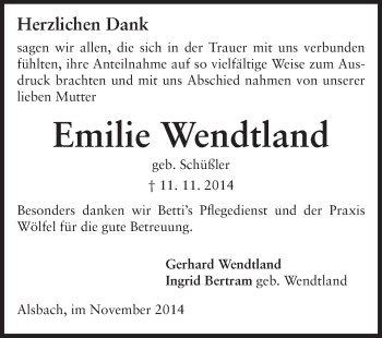 Traueranzeige von Emilie Wendtland von Echo-Zeitungen (Gesamtausgabe)