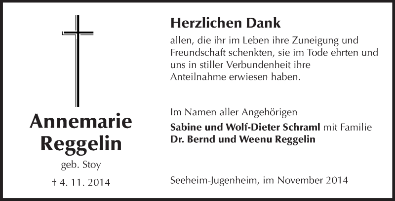  Traueranzeige für Annemarie Reggelin vom 29.11.2014 aus Echo-Zeitungen (Gesamtausgabe)