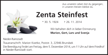 Traueranzeige von Zenta Steinfest von Echo-Zeitungen (Gesamtausgabe)
