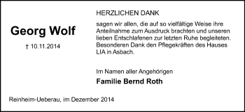 Traueranzeige von Georg Wolf von Darmstädter Echo, Odenwälder Echo, Rüsselsheimer Echo, Groß-Gerauer-Echo, Ried Echo