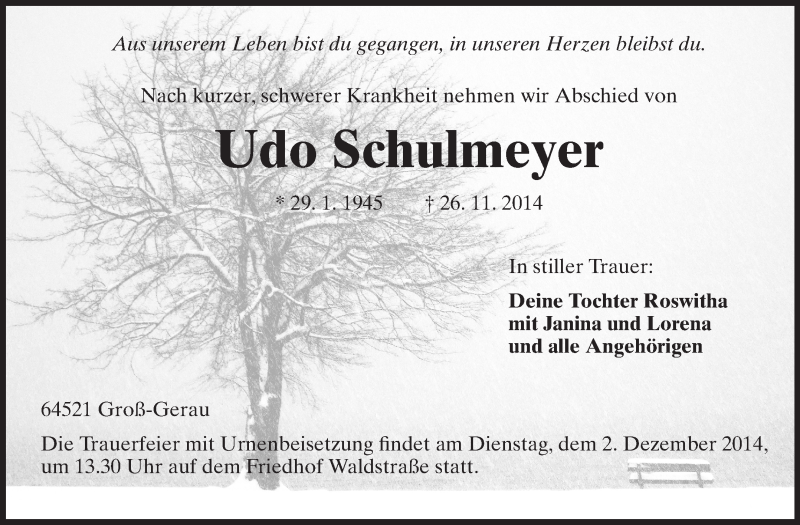  Traueranzeige für Udo Schulmeyer vom 29.11.2014 aus Rüsselsheimer Echo, Groß-Gerauer-Echo, Ried Echo