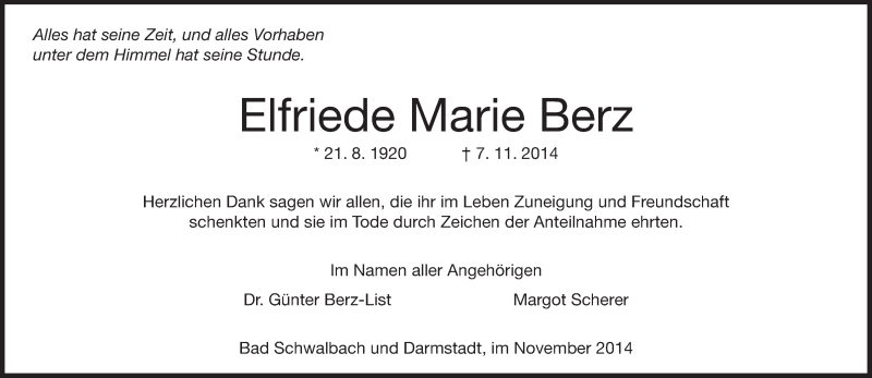  Traueranzeige für Elfriede Marie Berz vom 29.11.2014 aus Echo-Zeitungen (Gesamtausgabe)