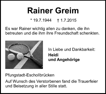 Traueranzeige von Rainer Greim von Echo-Zeitungen (Gesamtausgabe)