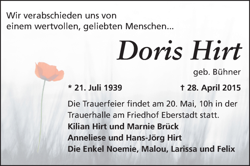  Traueranzeige für Doris Hirt vom 13.05.2015 aus Echo-Zeitungen (Gesamtausgabe)