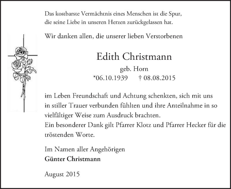  Traueranzeige für Edith Christmann vom 29.08.2015 aus trauer.echo-online.de