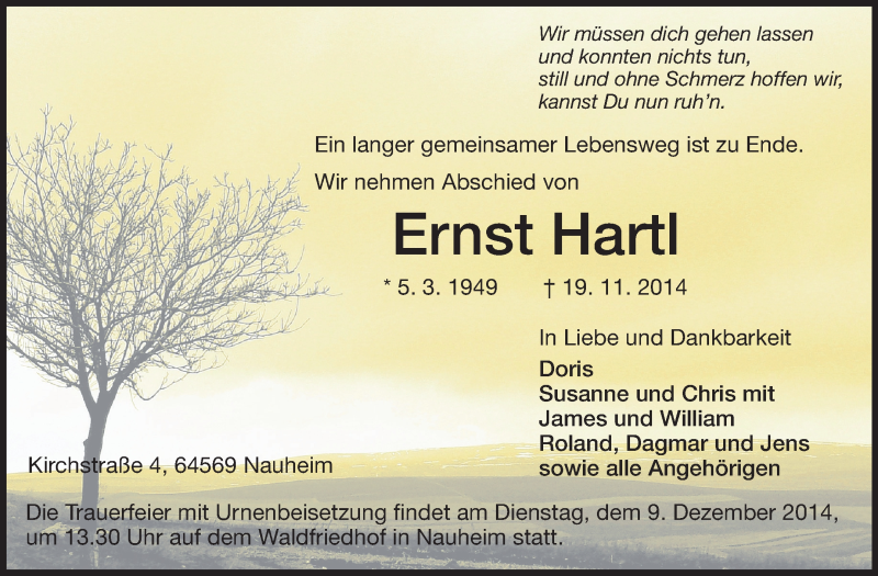  Traueranzeige für Ernst Hartl vom 02.12.2014 aus Rüsselsheimer Echo, Groß-Gerauer-Echo, Ried Echo