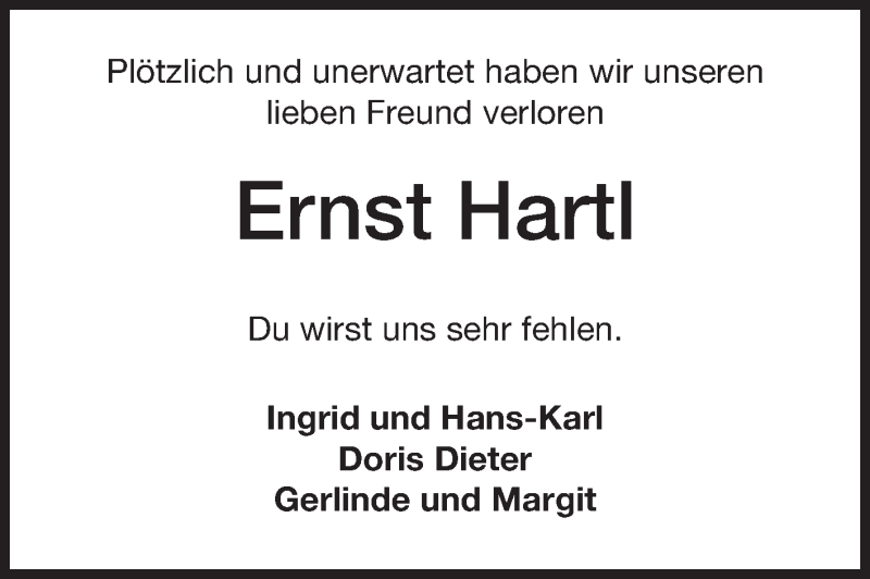  Traueranzeige für Ernst Hartl vom 02.12.2014 aus Rüsselsheimer Echo, Groß-Gerauer-Echo, Ried Echo