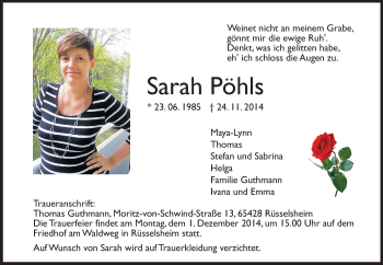 Traueranzeige von Sarah Pöhls von Rüsselsheimer Echo, Groß-Gerauer-Echo, Ried Echo