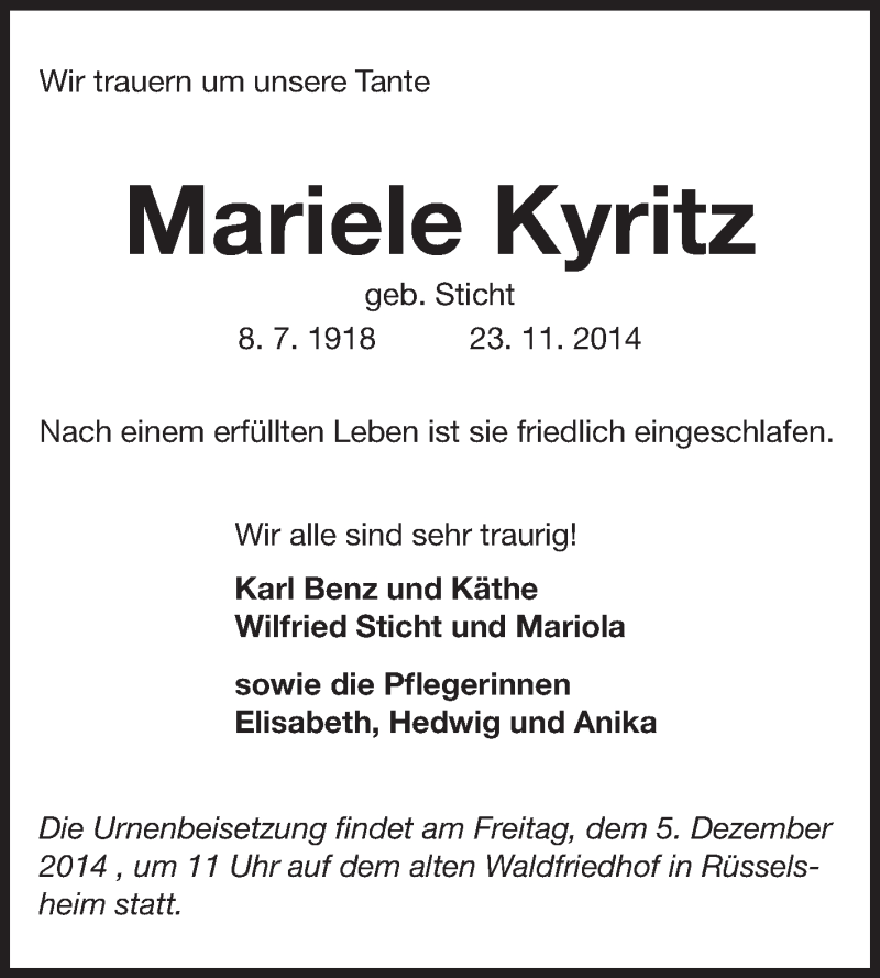  Traueranzeige für Mariele Kyritz vom 29.11.2014 aus Rüsselsheimer Echo, Groß-Gerauer-Echo, Ried Echo