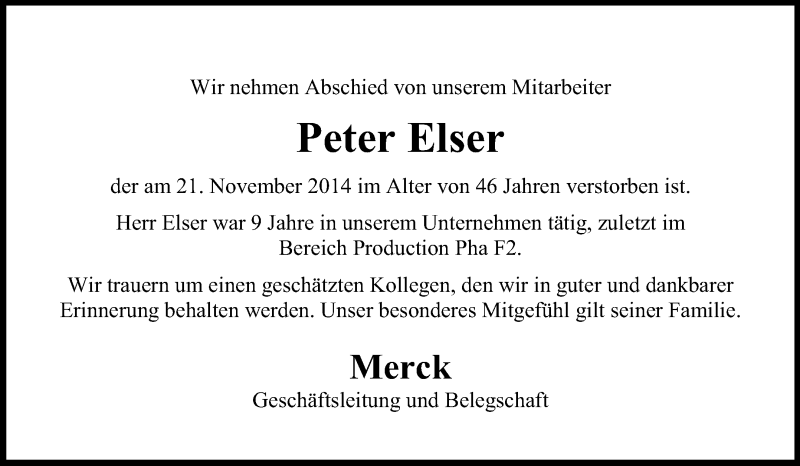  Traueranzeige für Peter Elser vom 29.11.2014 aus Echo-Zeitungen (Gesamtausgabe)