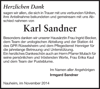 Traueranzeige von Karl Sandner von Rüsselsheimer Echo, Groß-Gerauer-Echo, Ried Echo