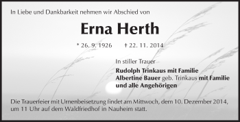 Traueranzeige von Erna Herth von Rüsselsheimer Echo, Groß-Gerauer-Echo, Ried Echo