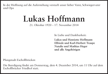 Traueranzeige von Lukas Hoffmann von Echo-Zeitungen (Gesamtausgabe)